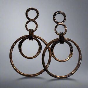 Vintage Copper Tone Hoop Earrings, Hammered Circle Dangle Statement Jewelry